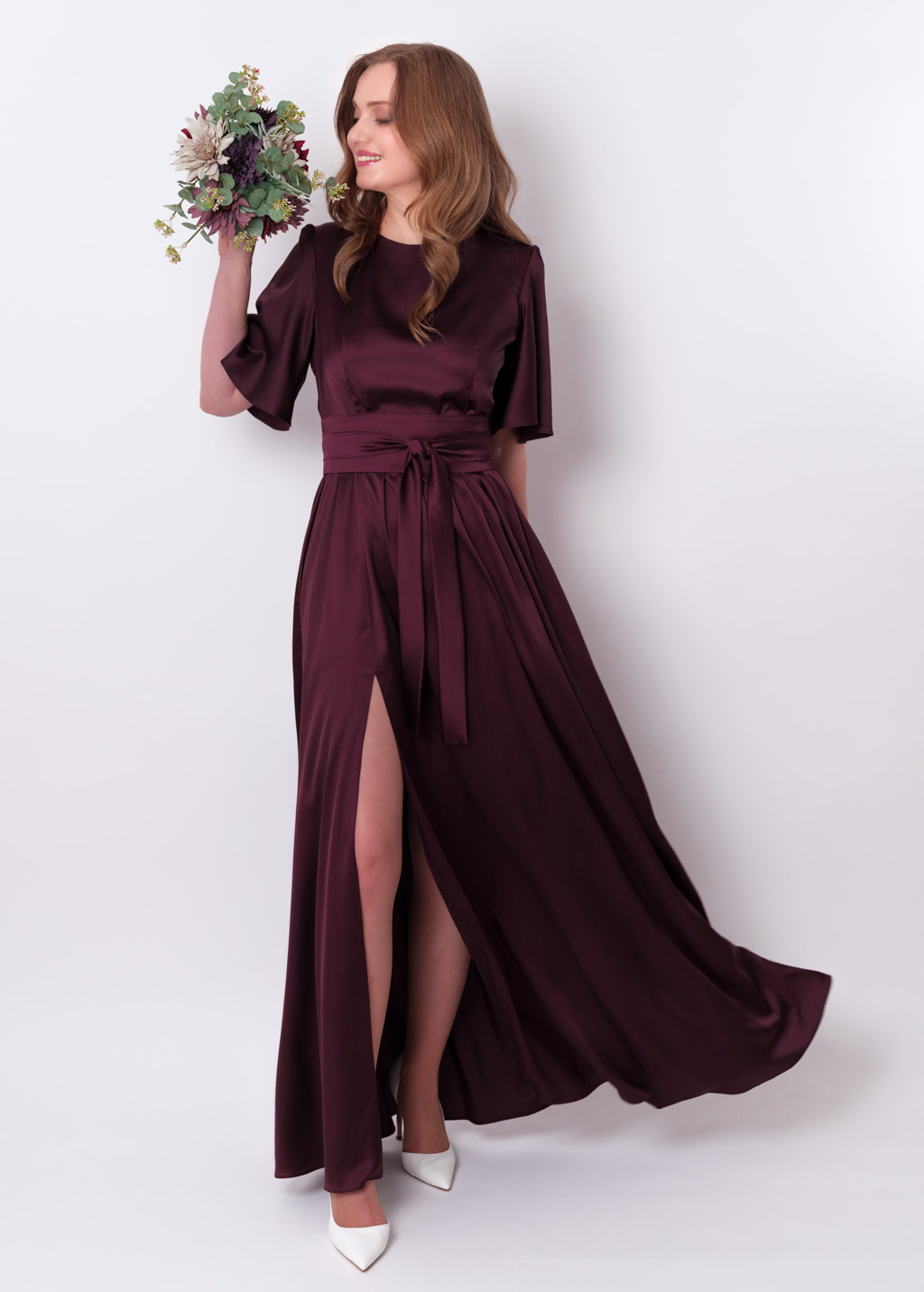 Dark burgundy slit silk dress with belt