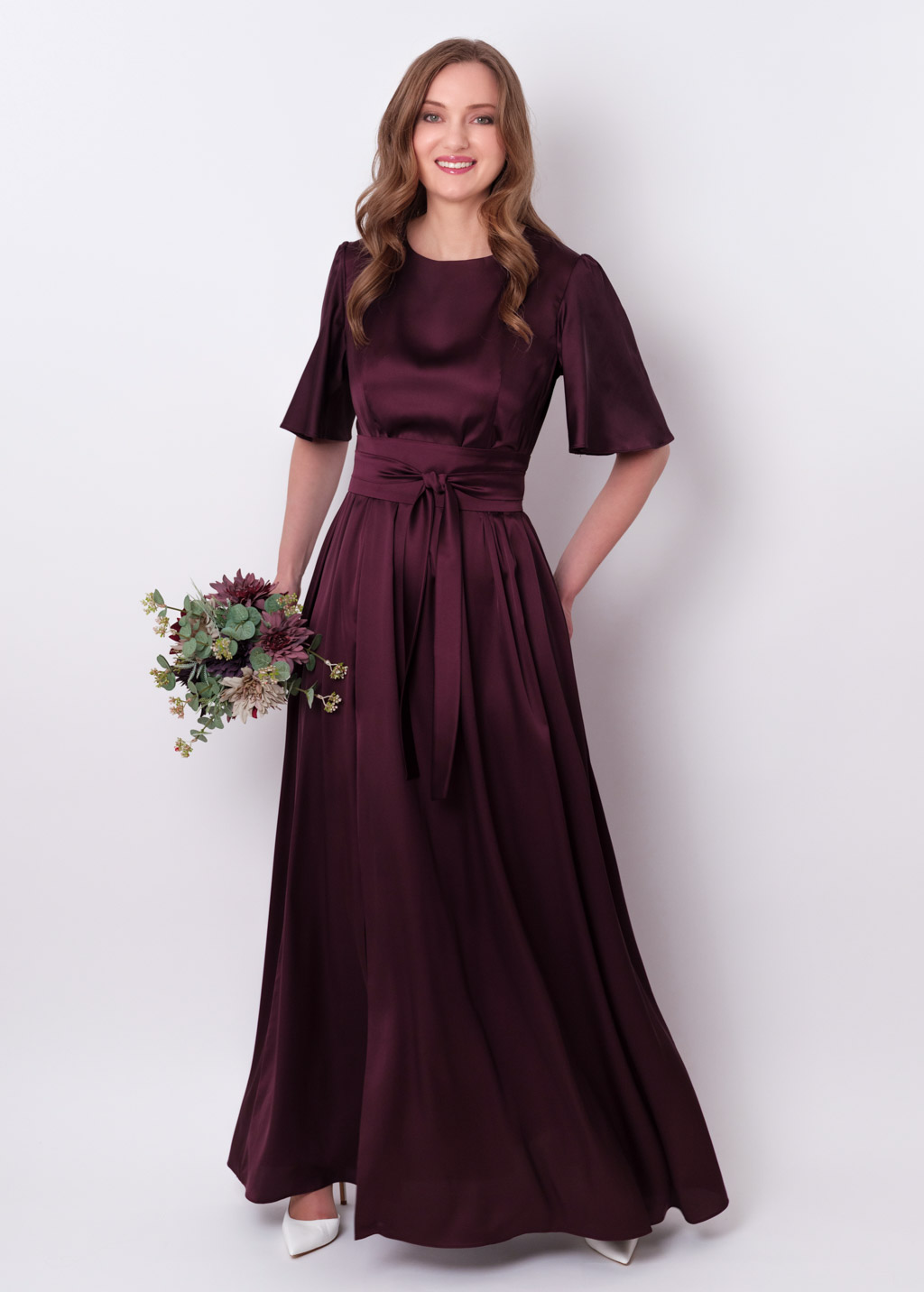 Dark burgundy slit silk dress with belt