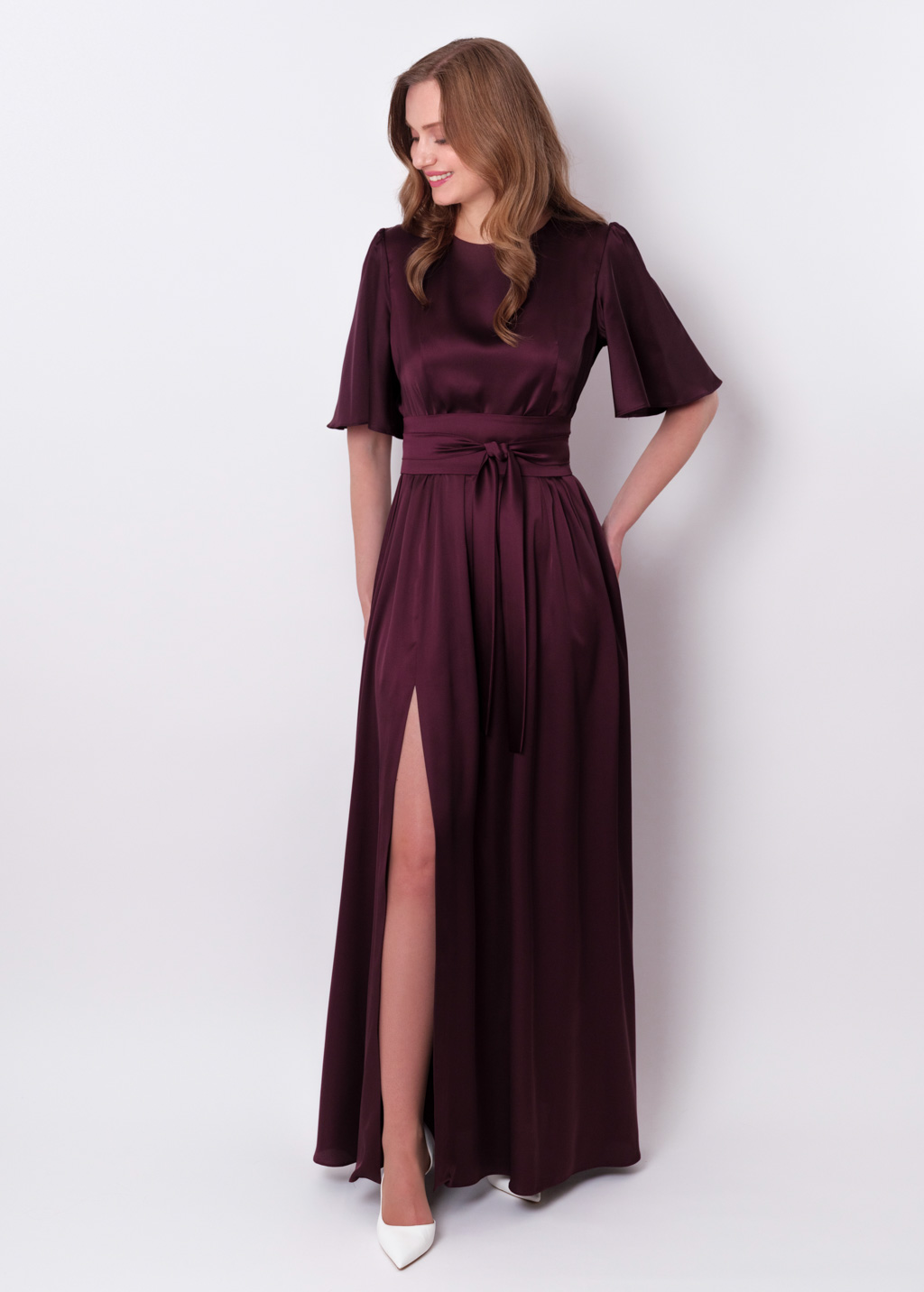 Dark burgundy slit silk dress with belt