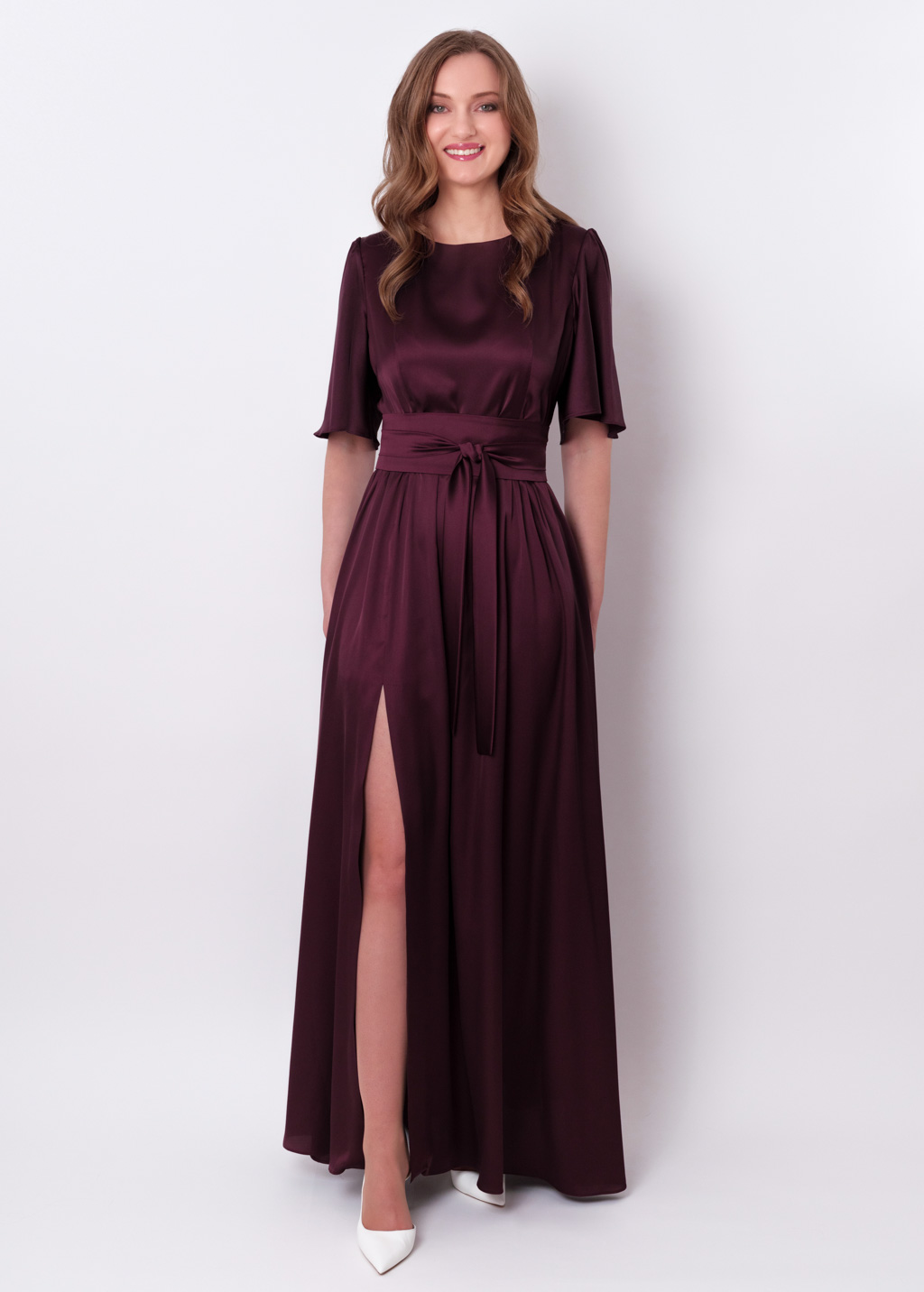 Dark burgundy slit silk dress with belt