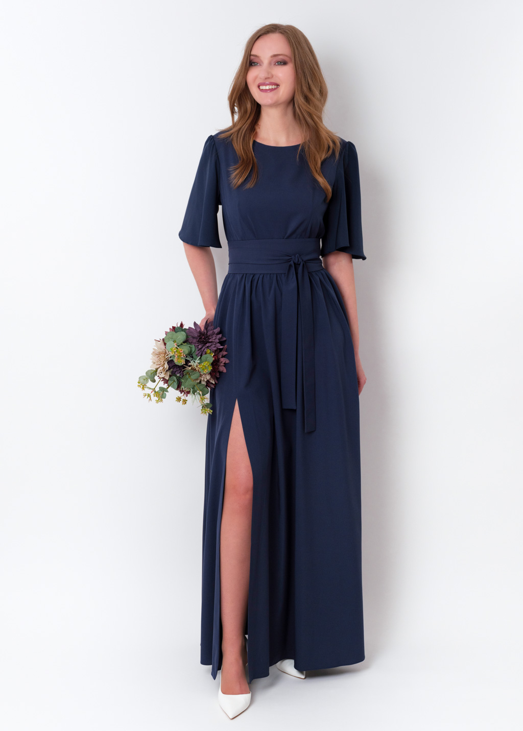 Navy blue long slit dress with belt