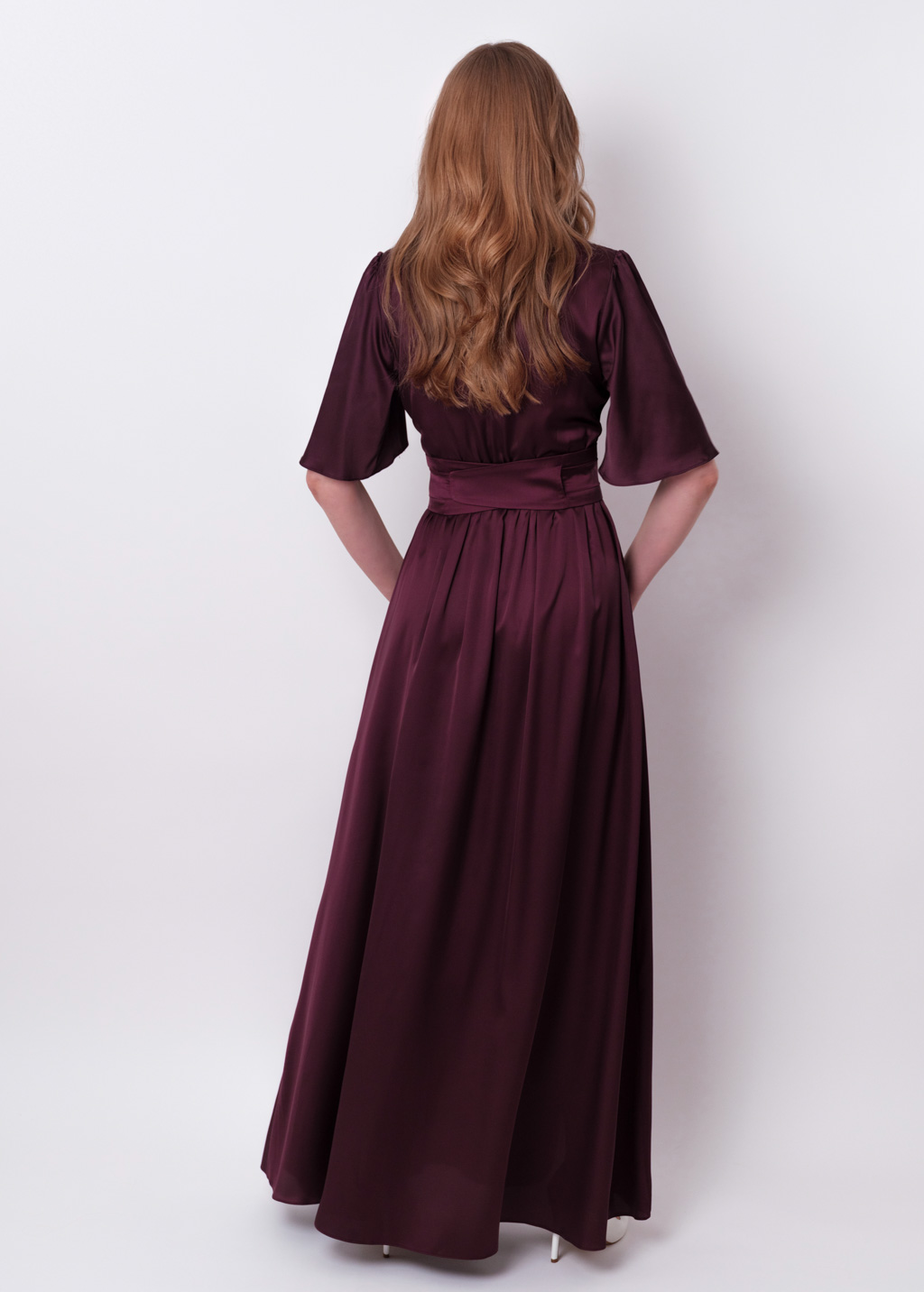 Dark burgundy silk dress with belt