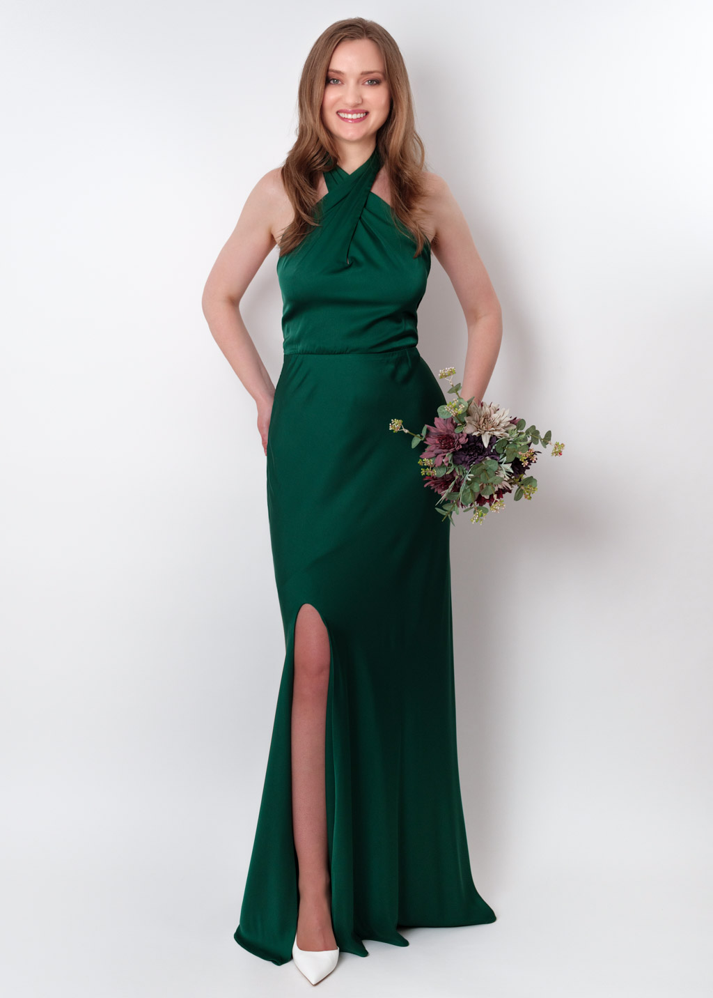 Dark green silk slit halter dress