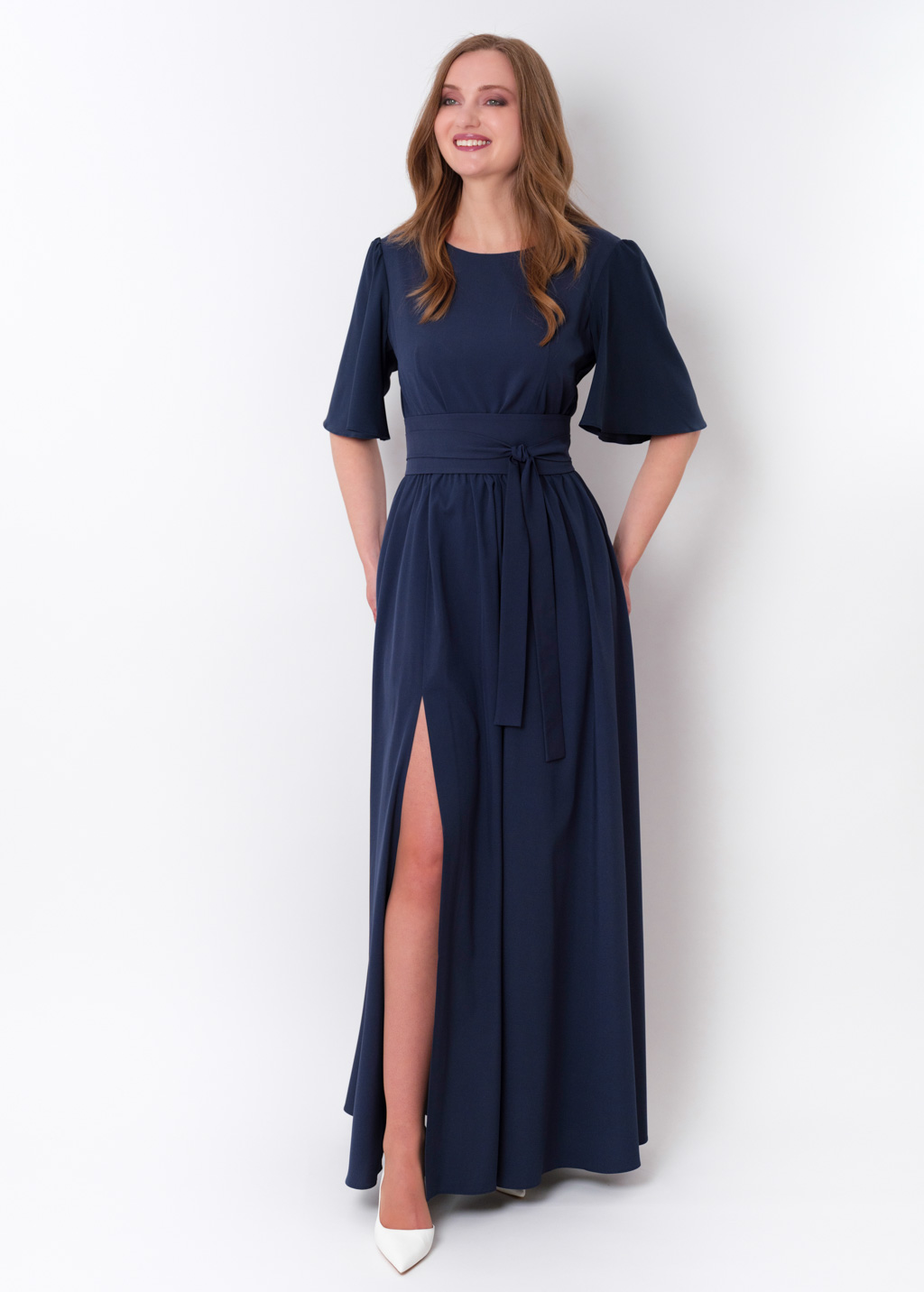 Navy blue long slit dress with belt