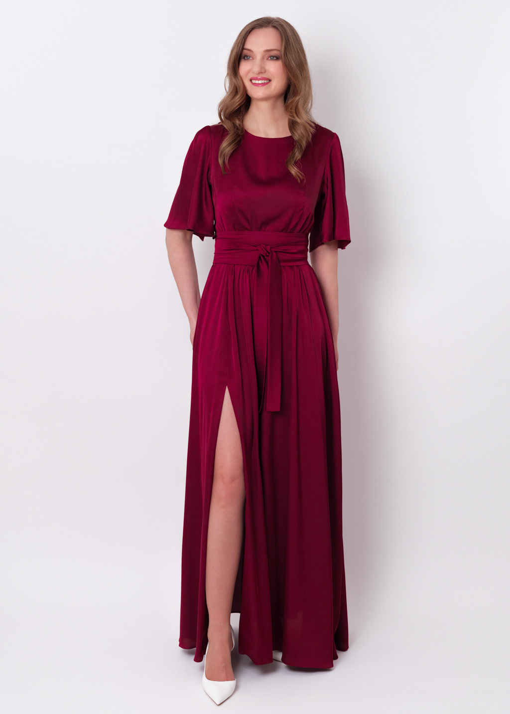 Burgundy slit silk dress with belt