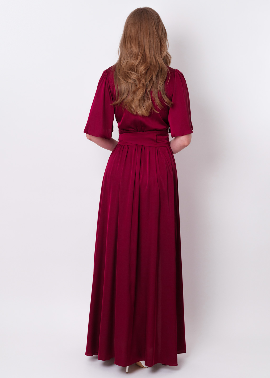 Burgundy silk dress with belt