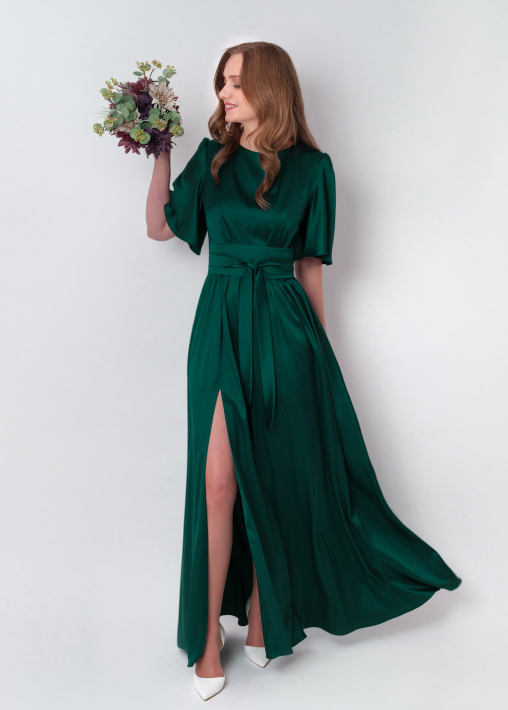 Dark green slit silk dress with belt