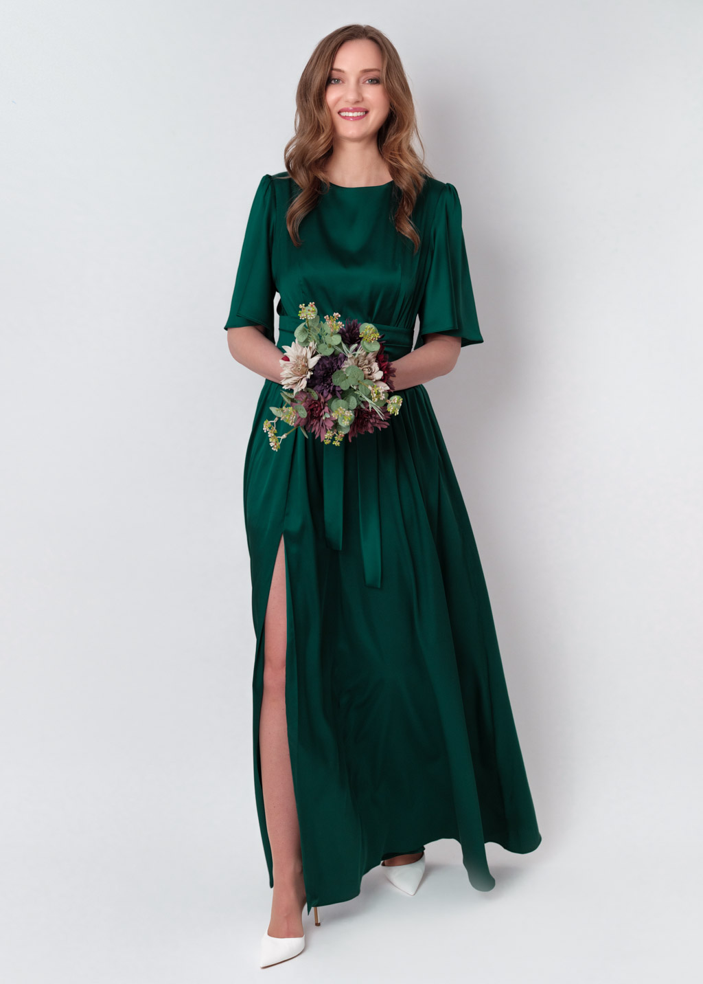 Dark green slit silk dress with belt