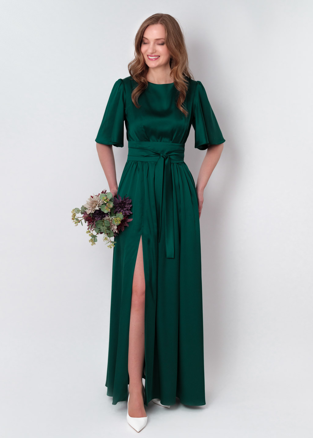 Dark green slit silk dress with belt