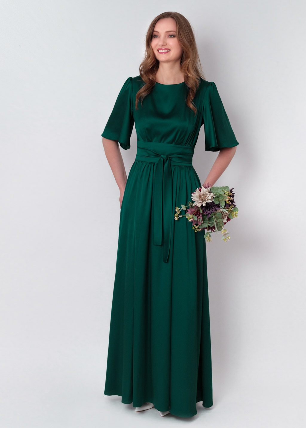 Dark green silk dress with belt