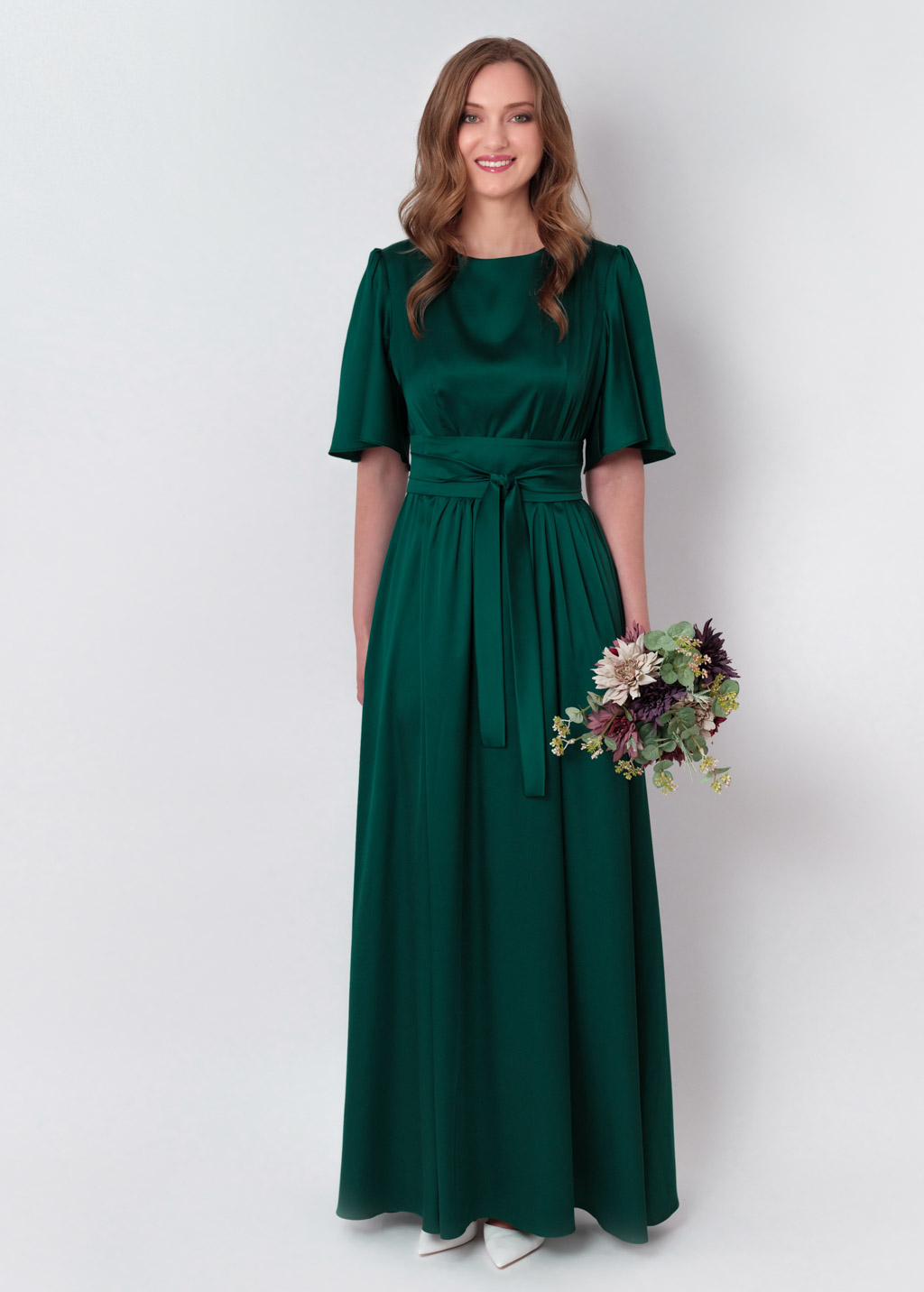 Dark green silk dress with belt