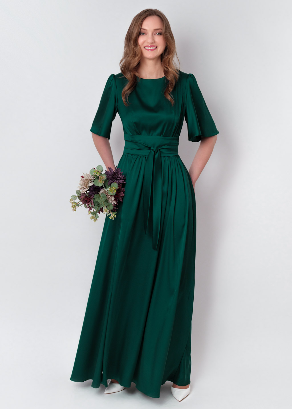 Dark green silk dress with belt