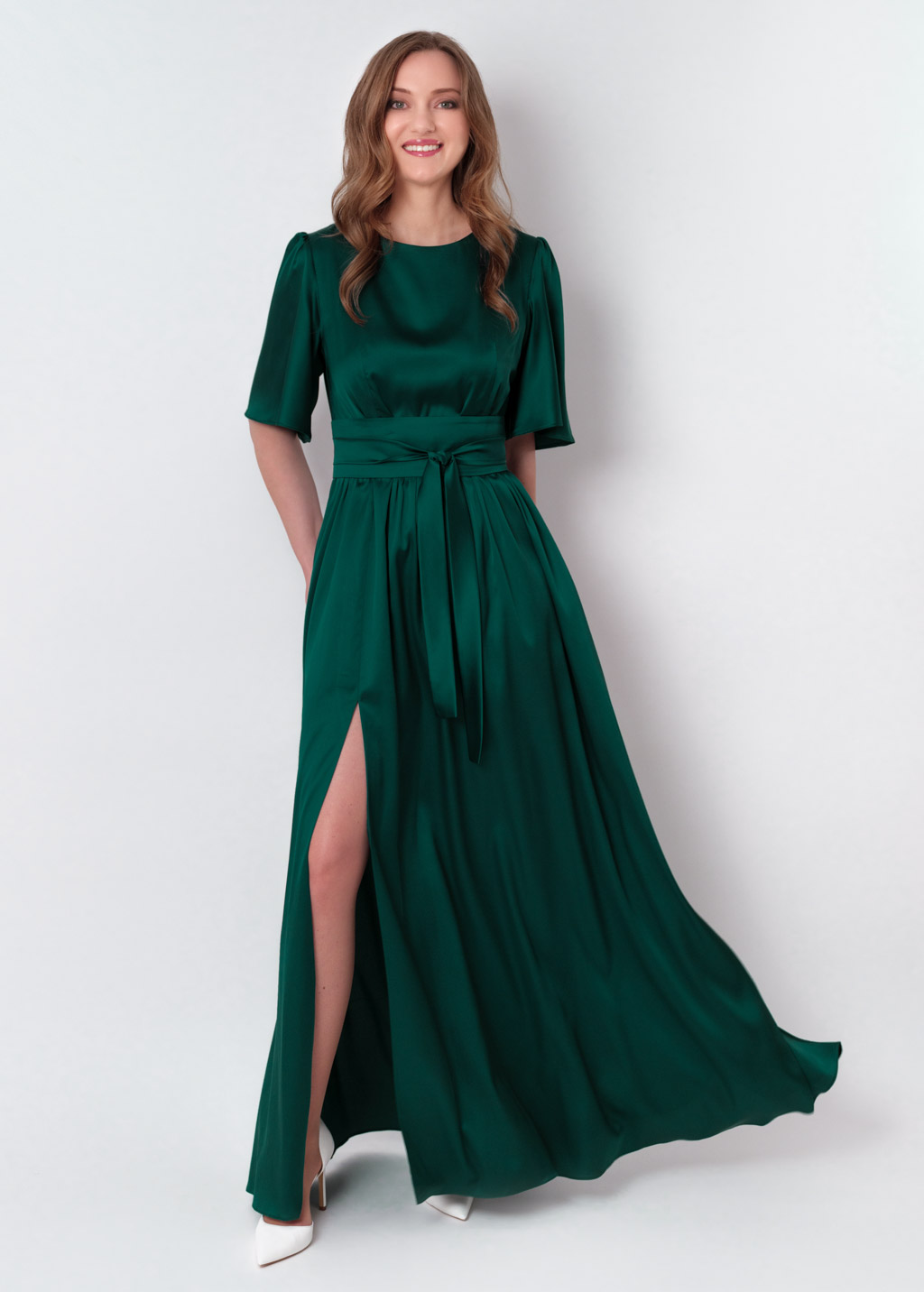 Dark green slit silk dress with belt