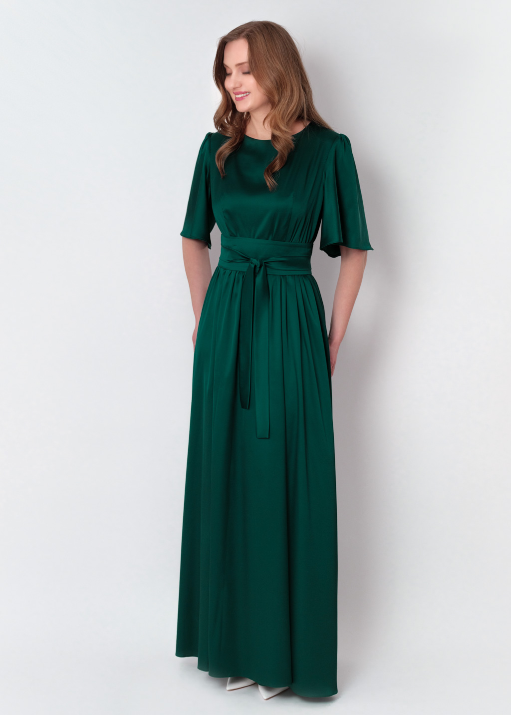 Dark green silk dress with belt