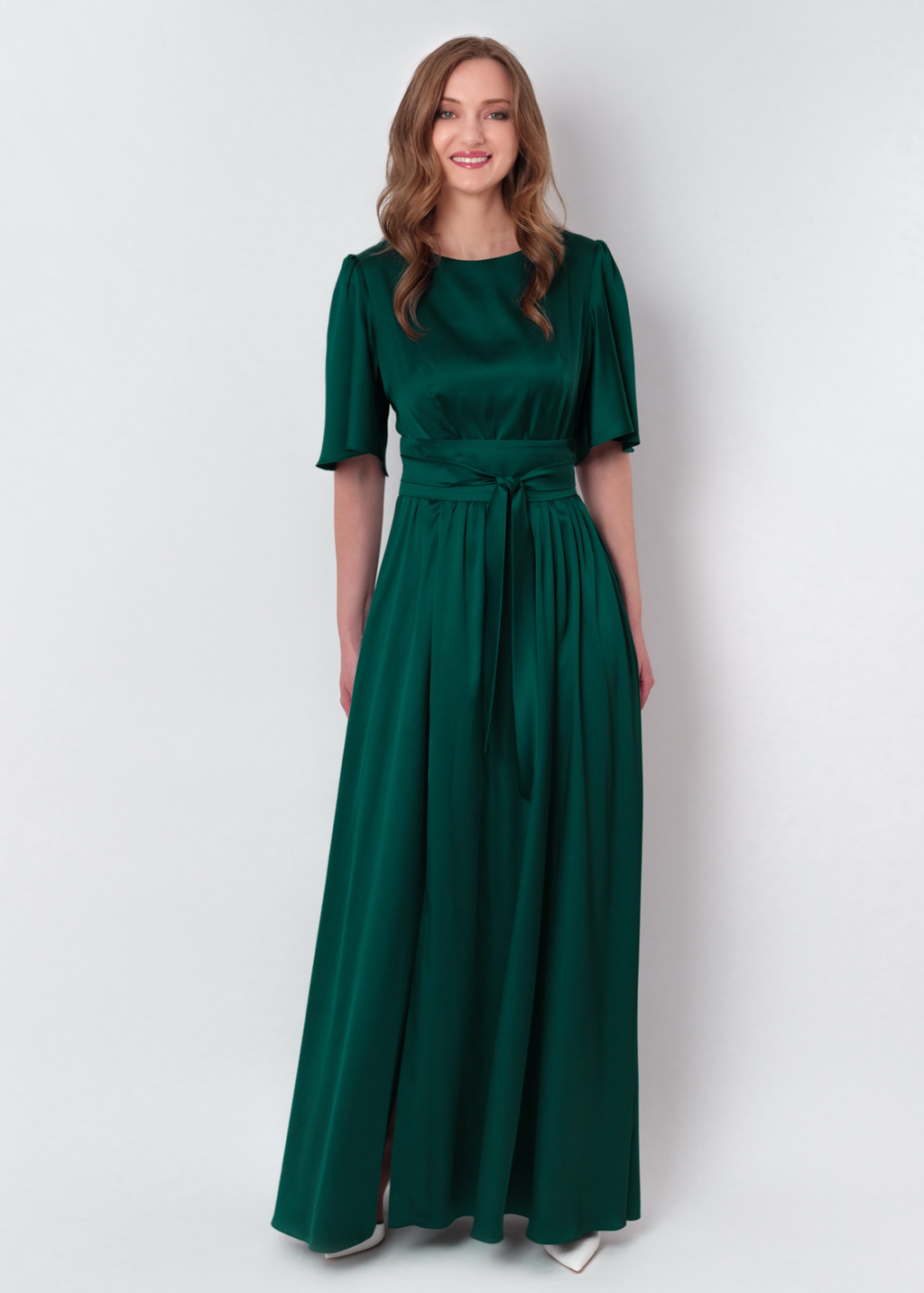 Dark green silk dress with belt