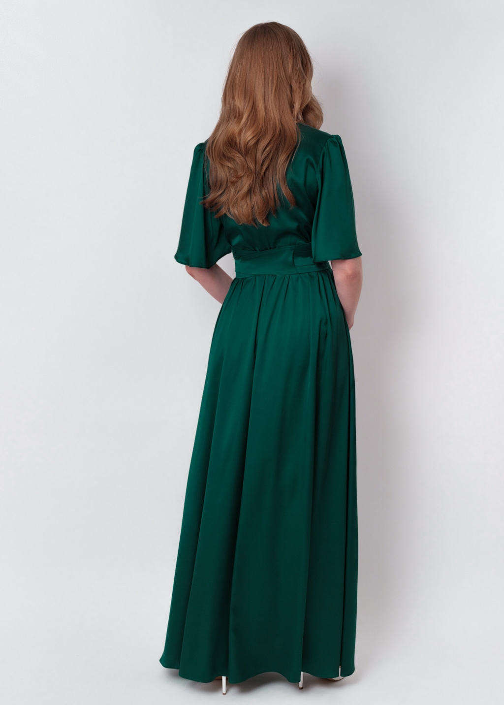 Dark green slit silk dress with belt