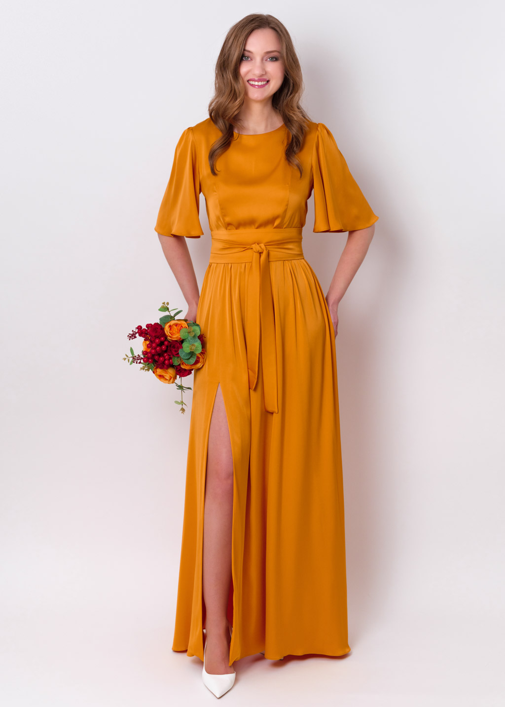 Gold slit silk dress with belt