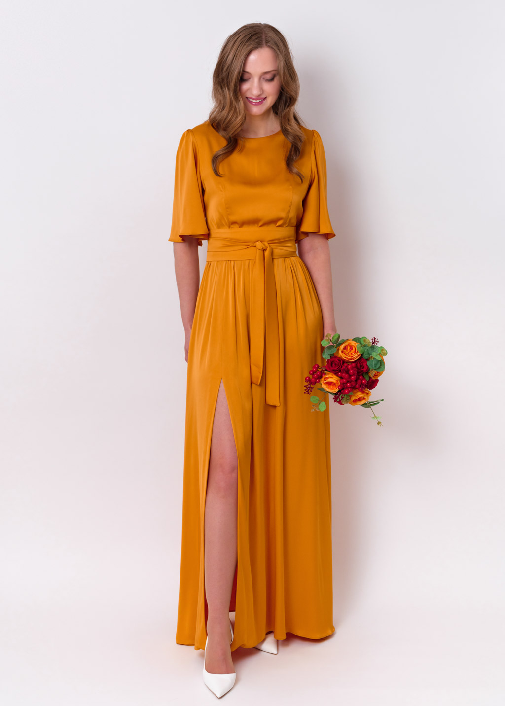 Gold slit silk dress with belt