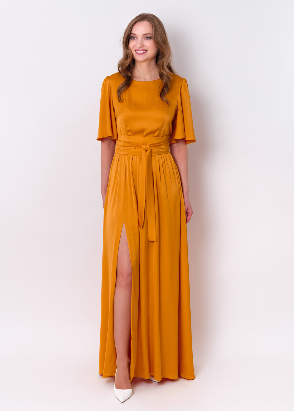 Gold slit silk dress with belt