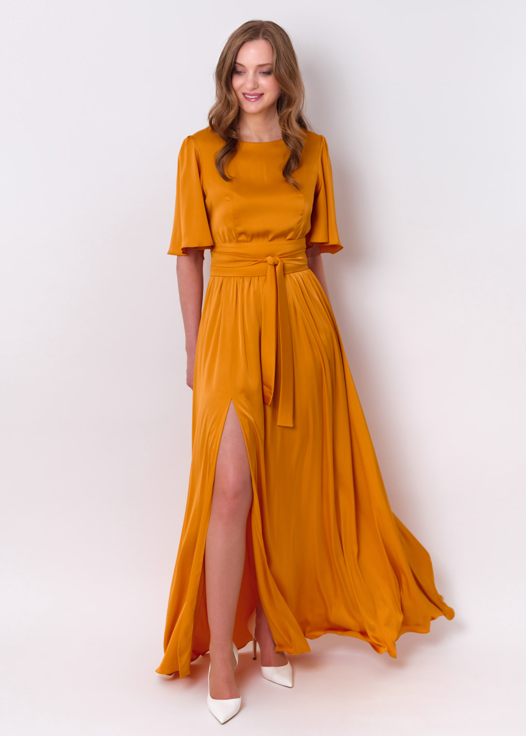 Gold slit silk dress with belt