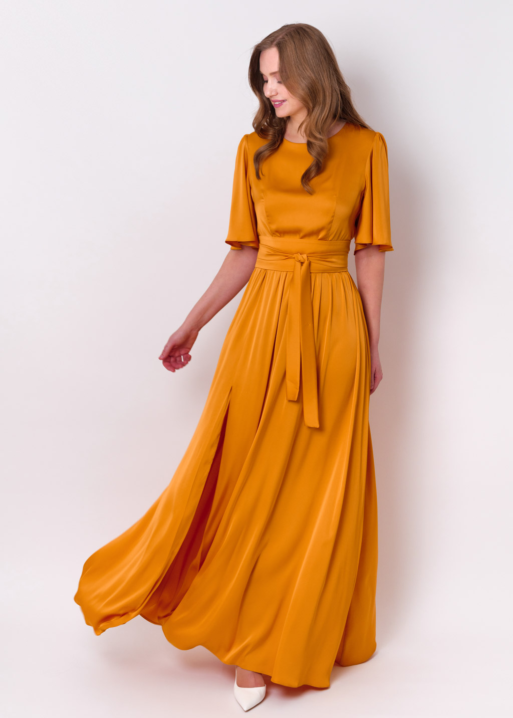 Gold silk dress with belt