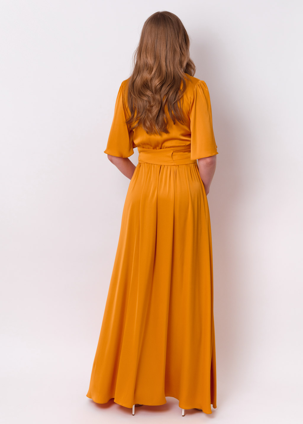 Gold slit silk dress with belt