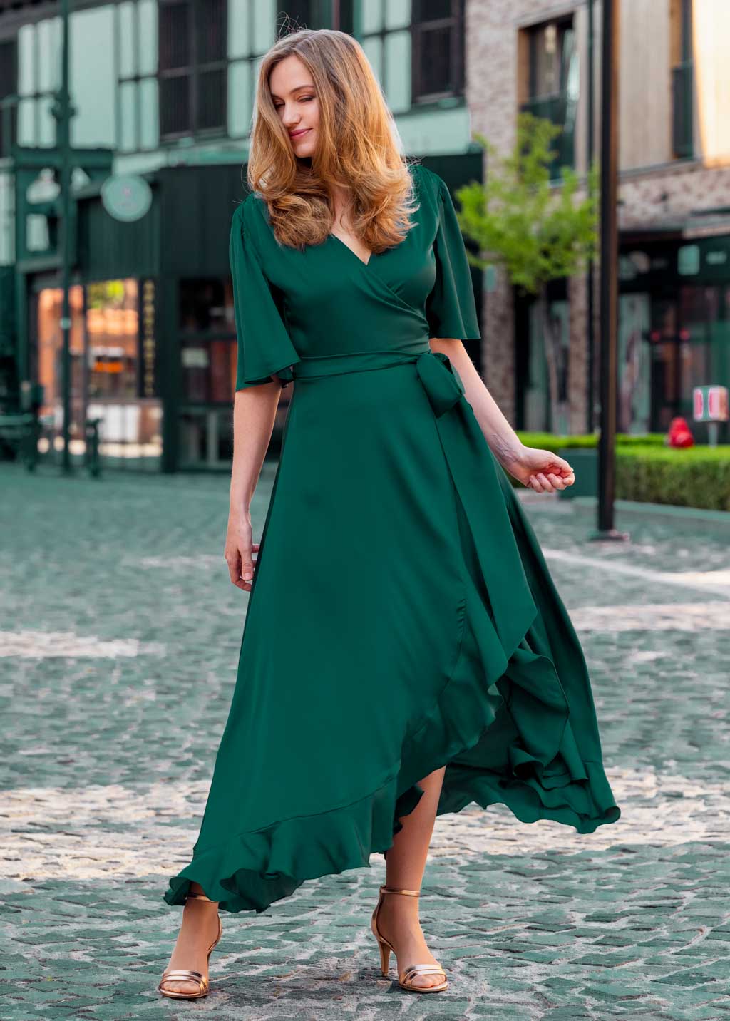 Dark green wrap silk dress