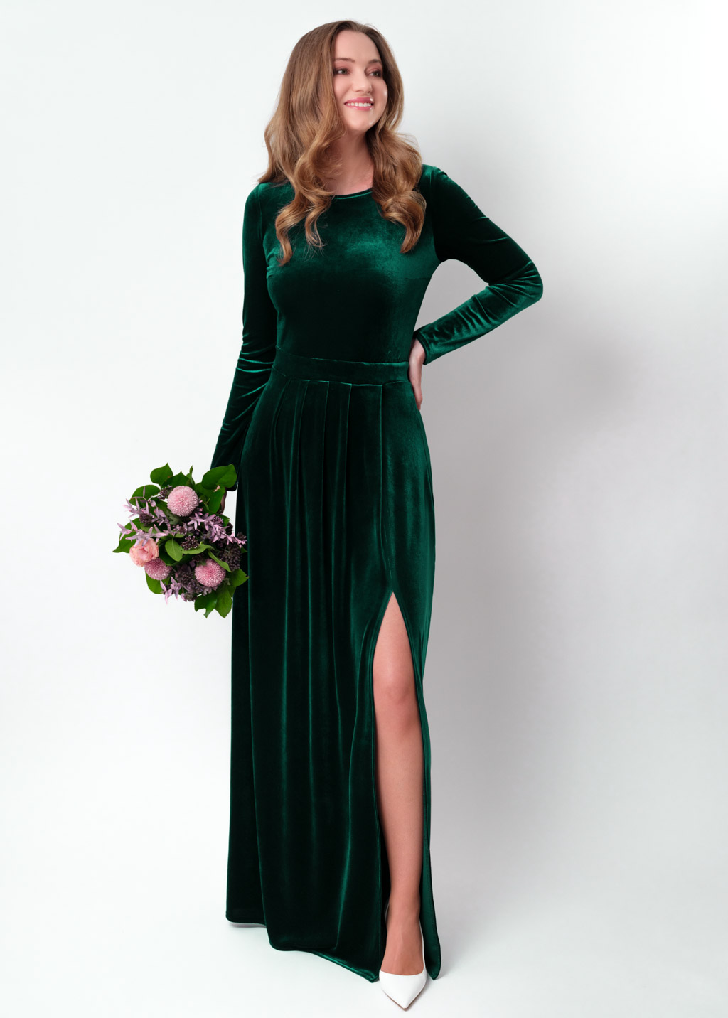 Emerald green velvet slit dress