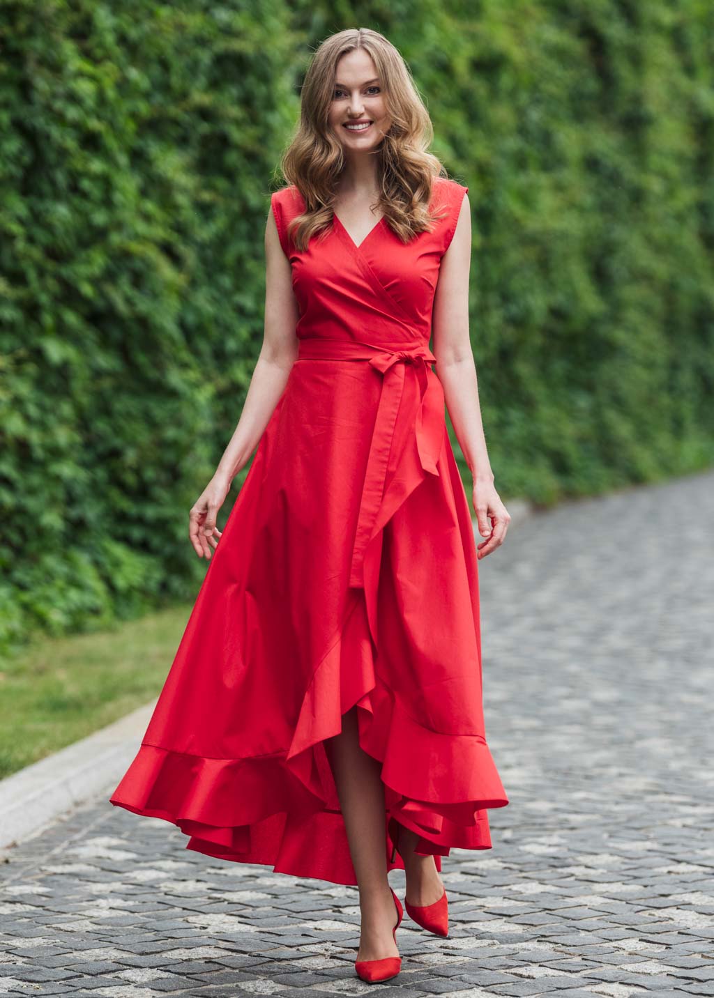 Red organic cotton wrap dress