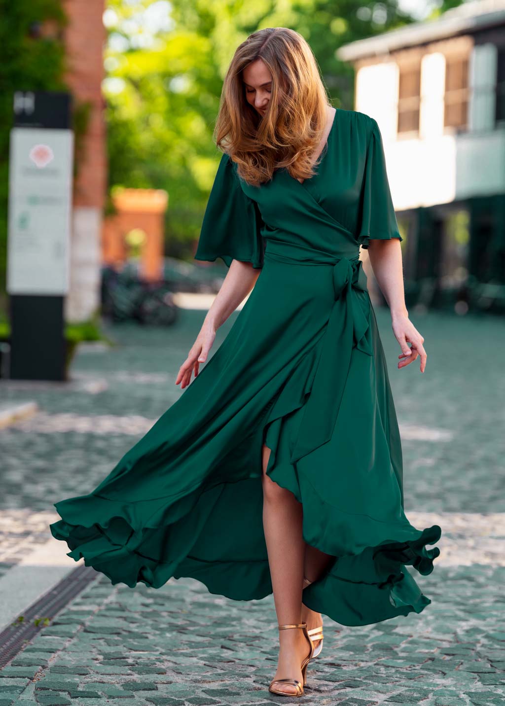 Dark green wrap silk dress