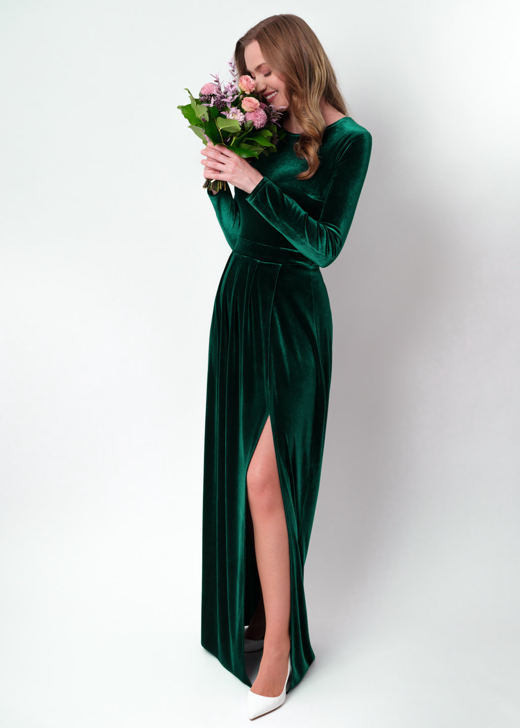 Emerald green velvet slit dress