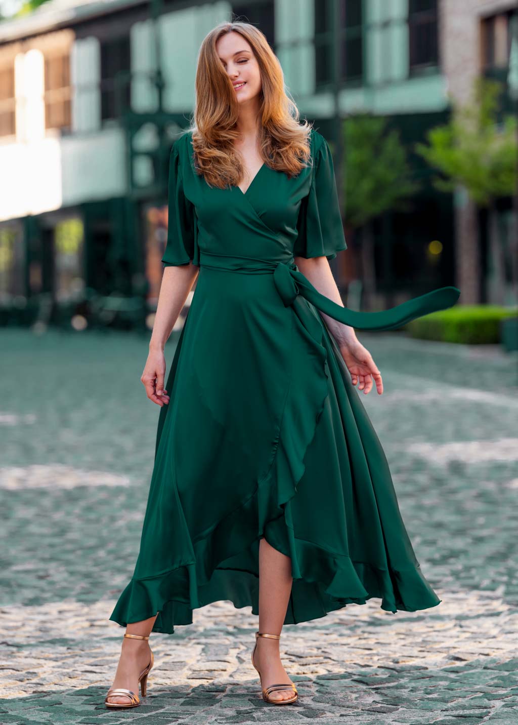 Dark green wrap silk dress