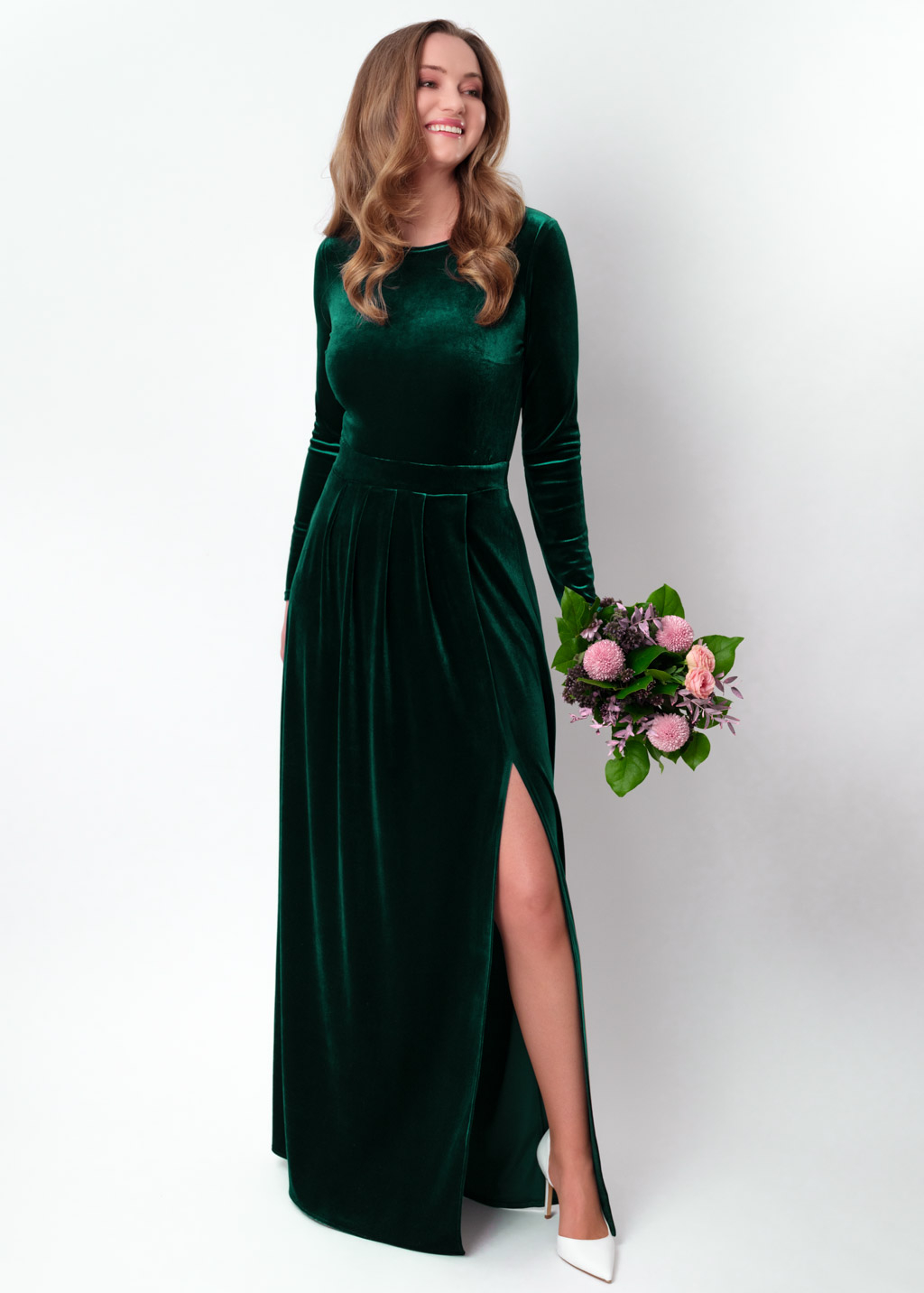 Emerald green velvet slit dress