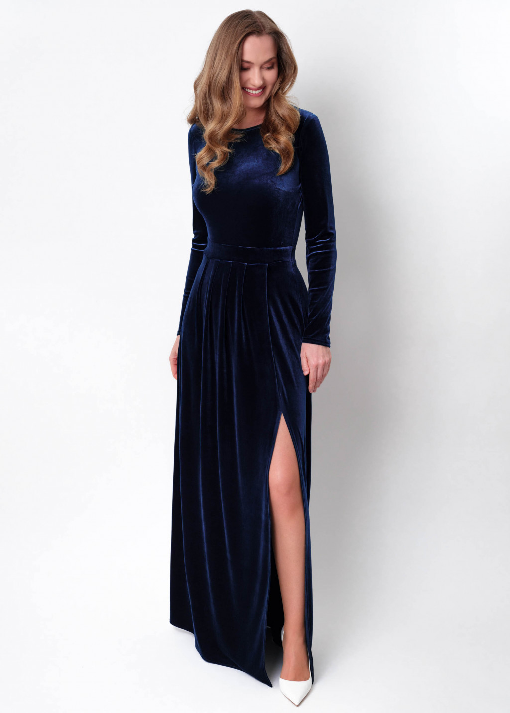 Navy blue velvet slit dress