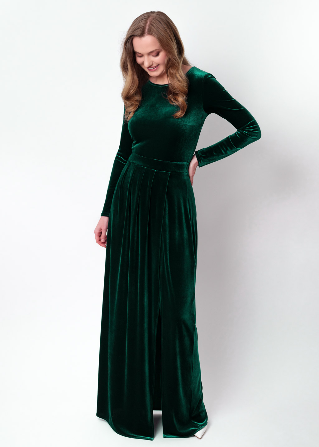 Emerald green velvet slit dress