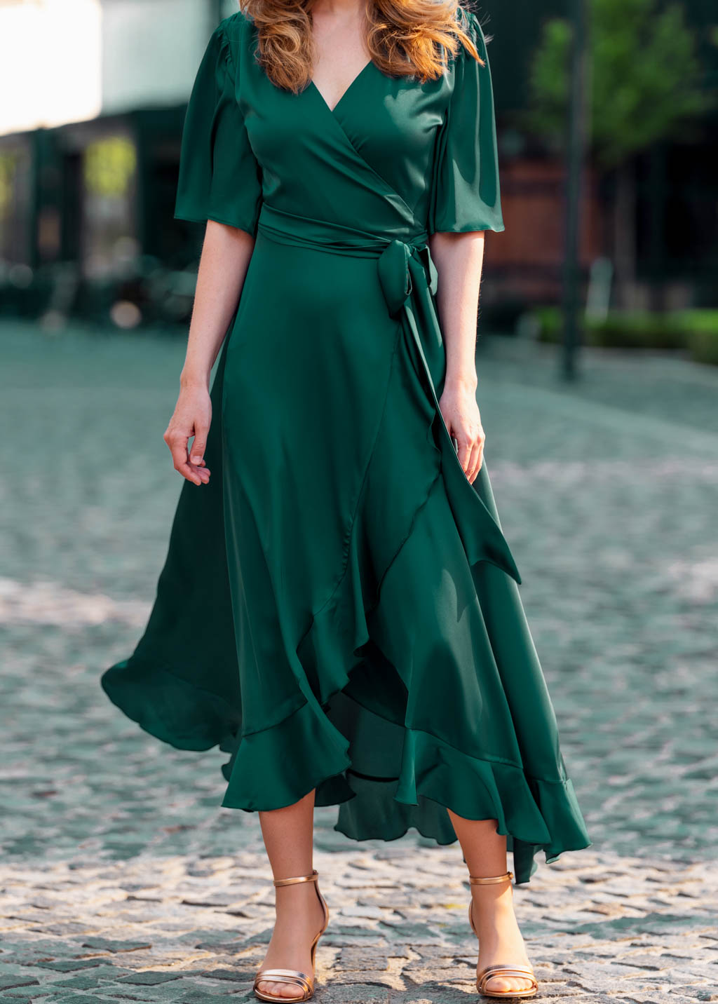 Dark green wrap silk dress