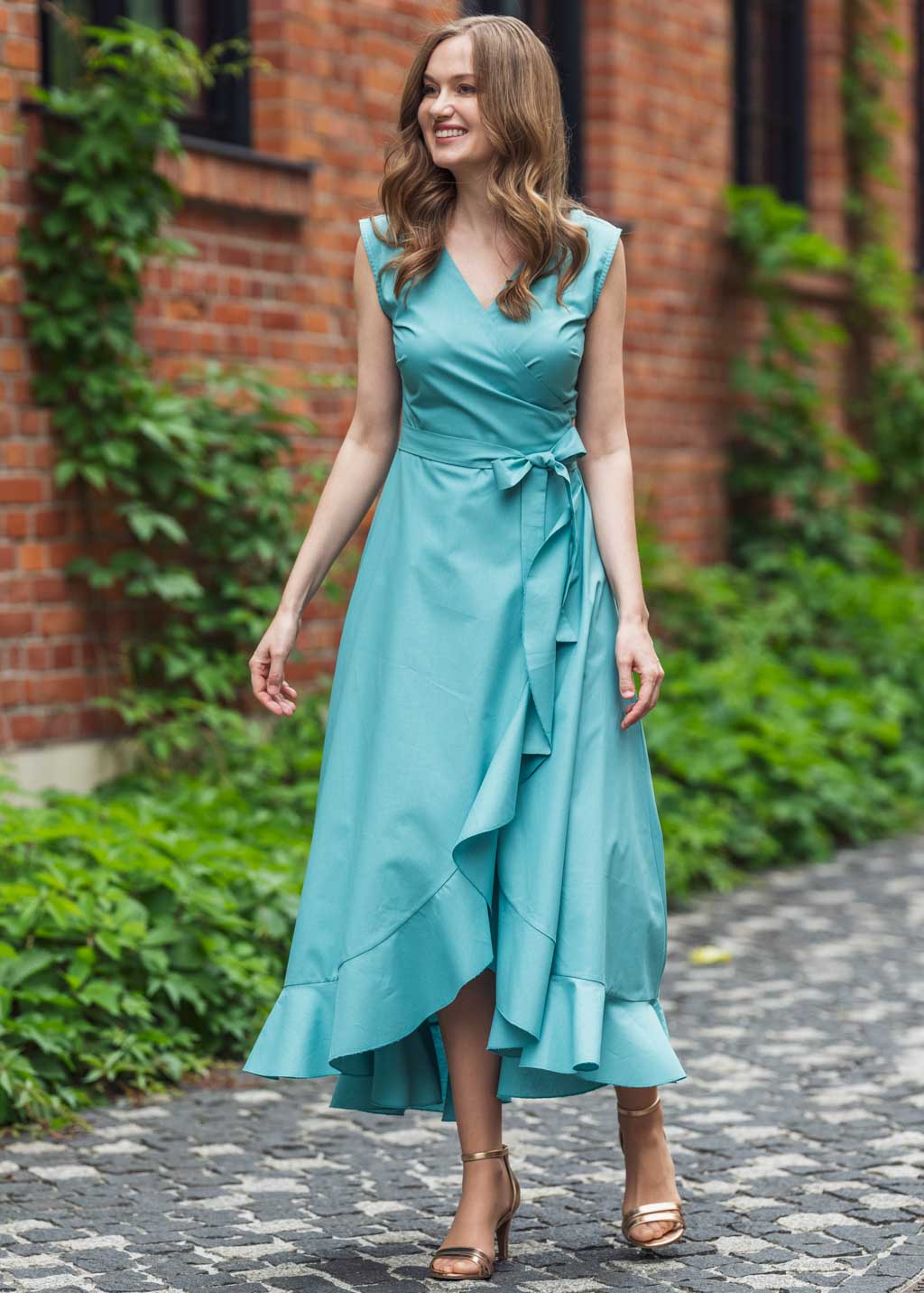 Aqua blue organic cotton wrap dress