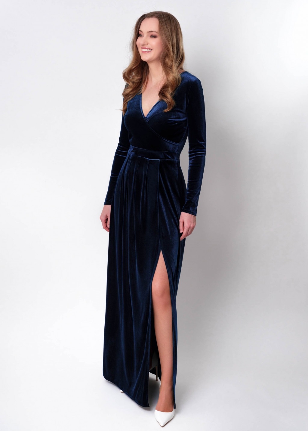 Navy blue velvet wrap slit dress
