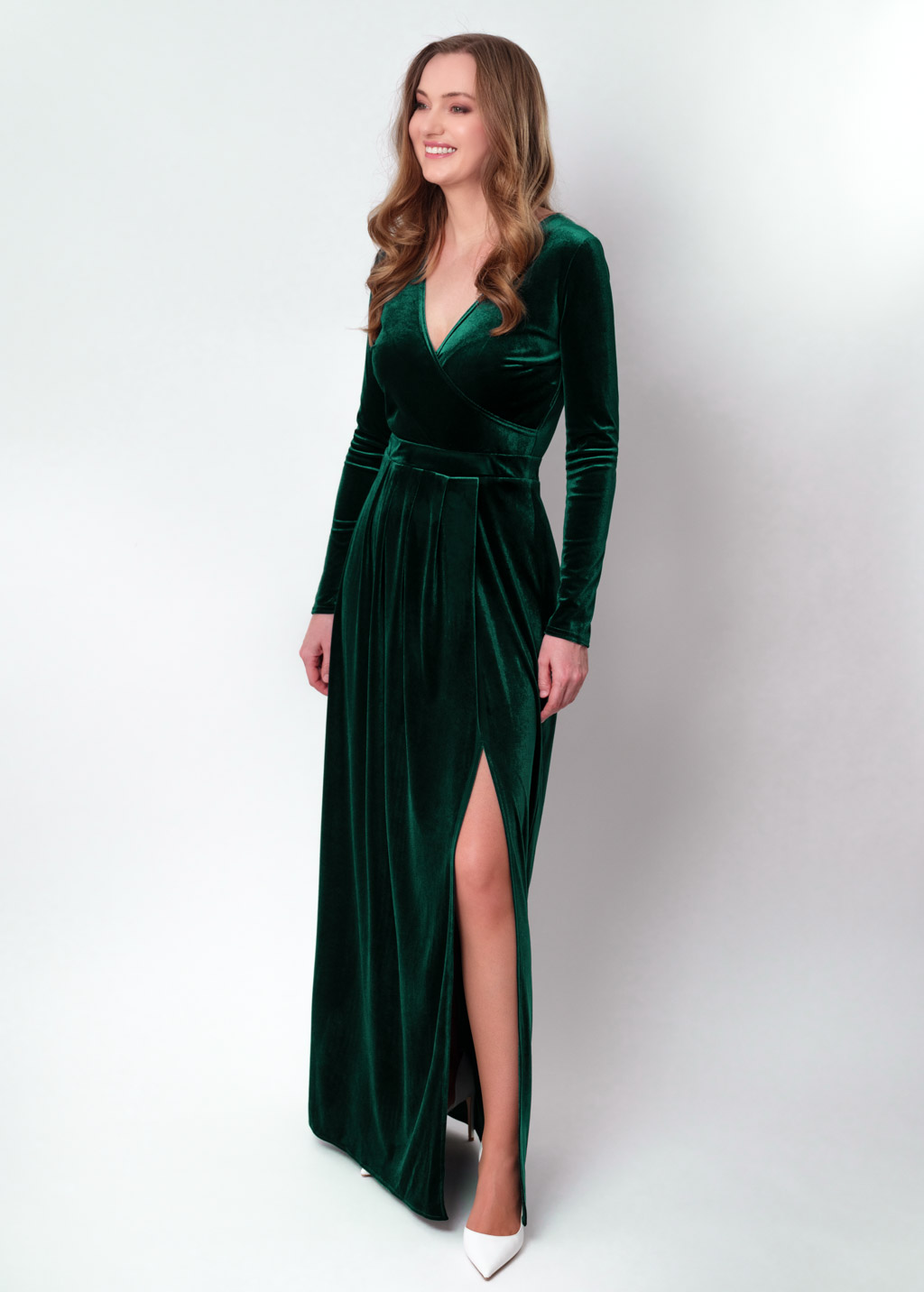 Emerald green velvet wrap slit dress