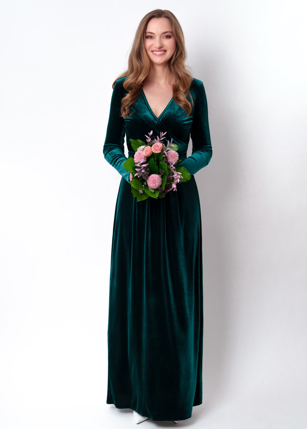 Teal green velvet wrap long dress