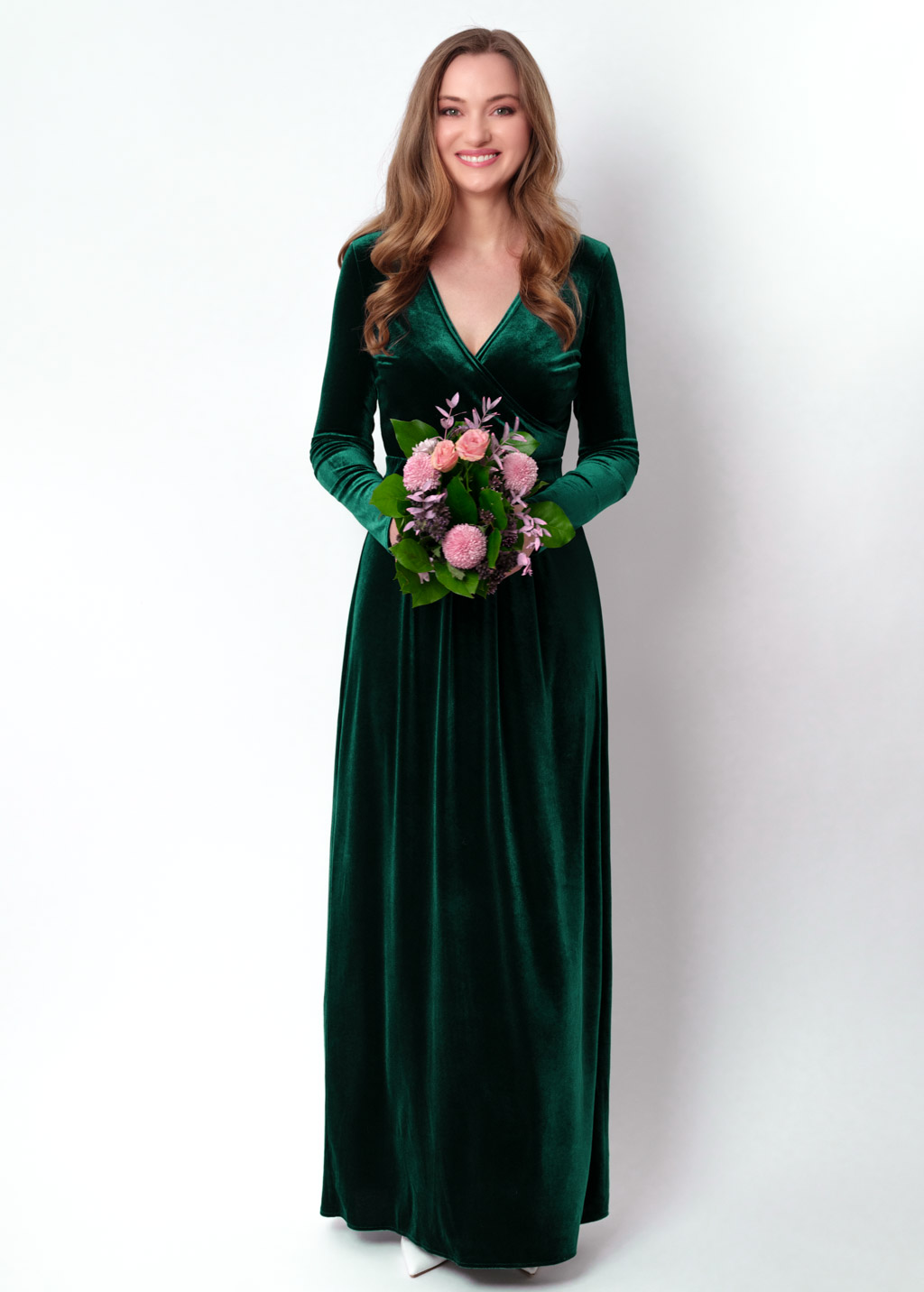 Emerald green velvet wrap long dress