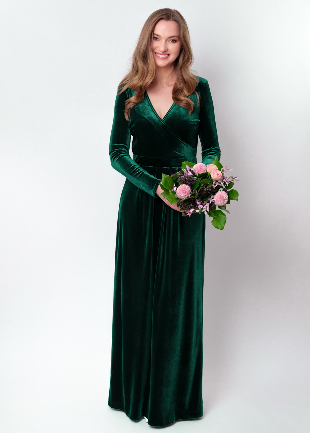 Emerald green velvet wrap long dress