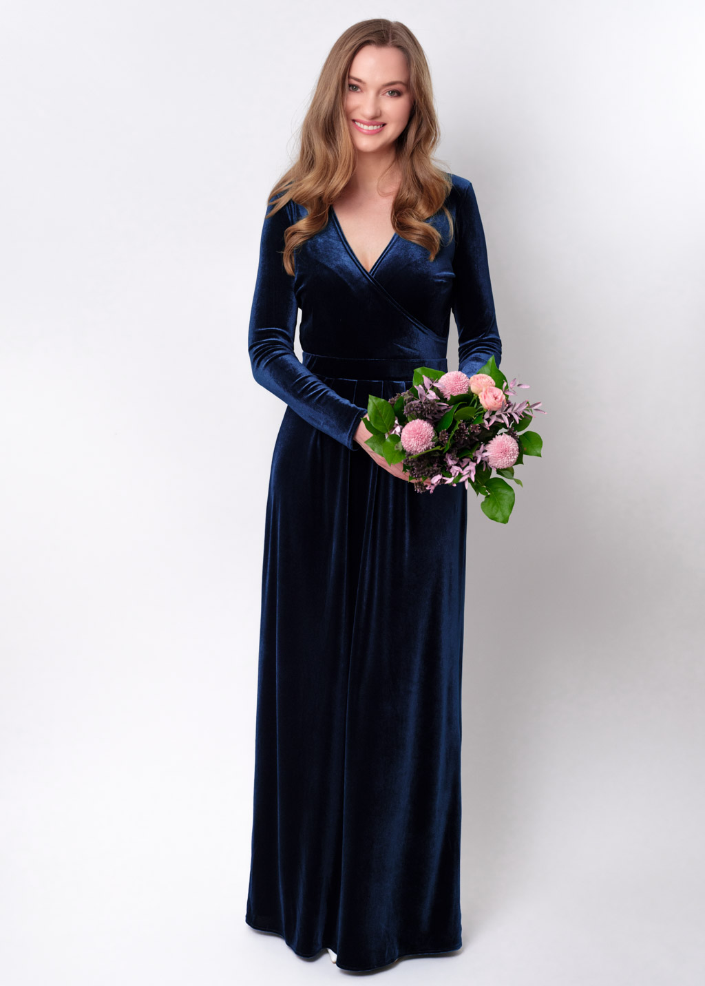 Navy blue velvet wrap long dress