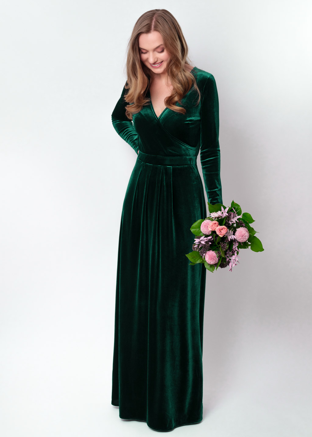 Emerald green velvet wrap long dress