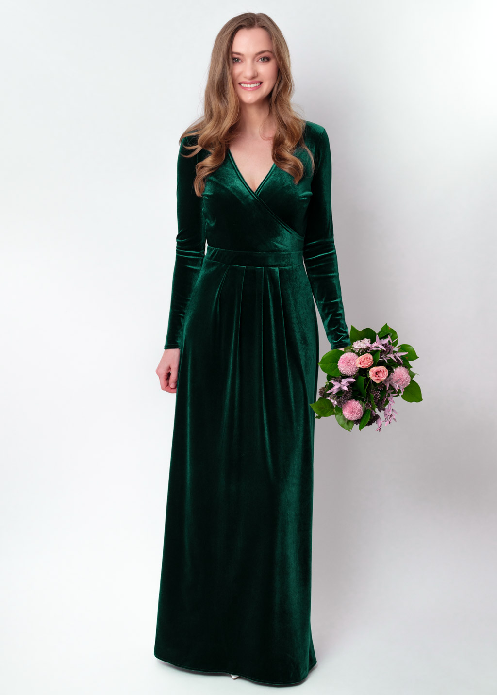 Emerald green velvet wrap long dress