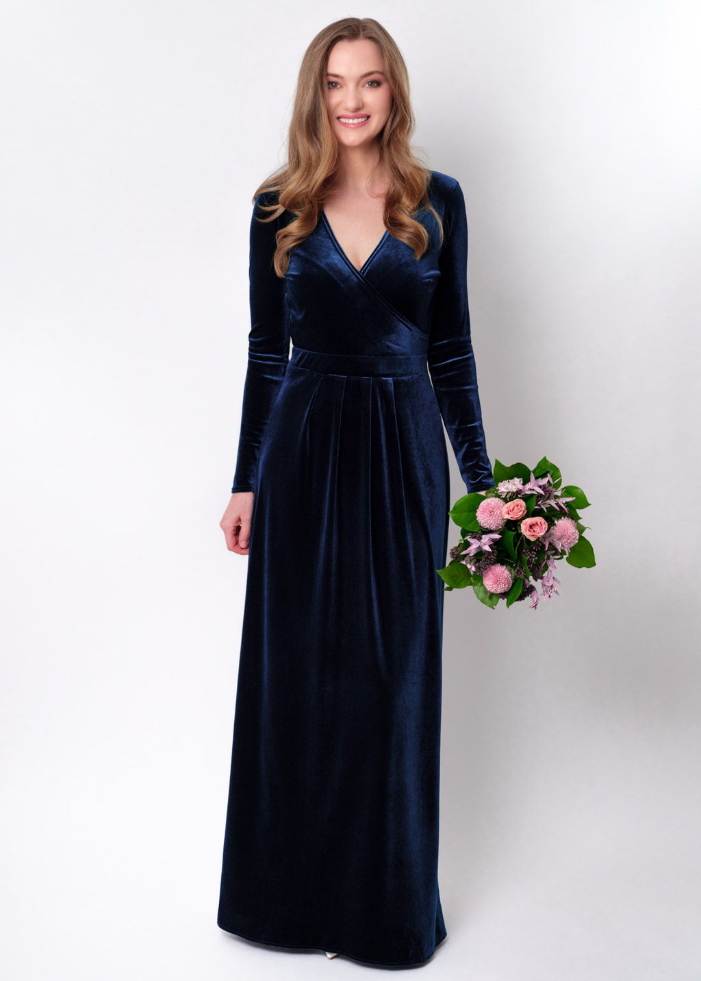 Navy blue velvet wrap long dress