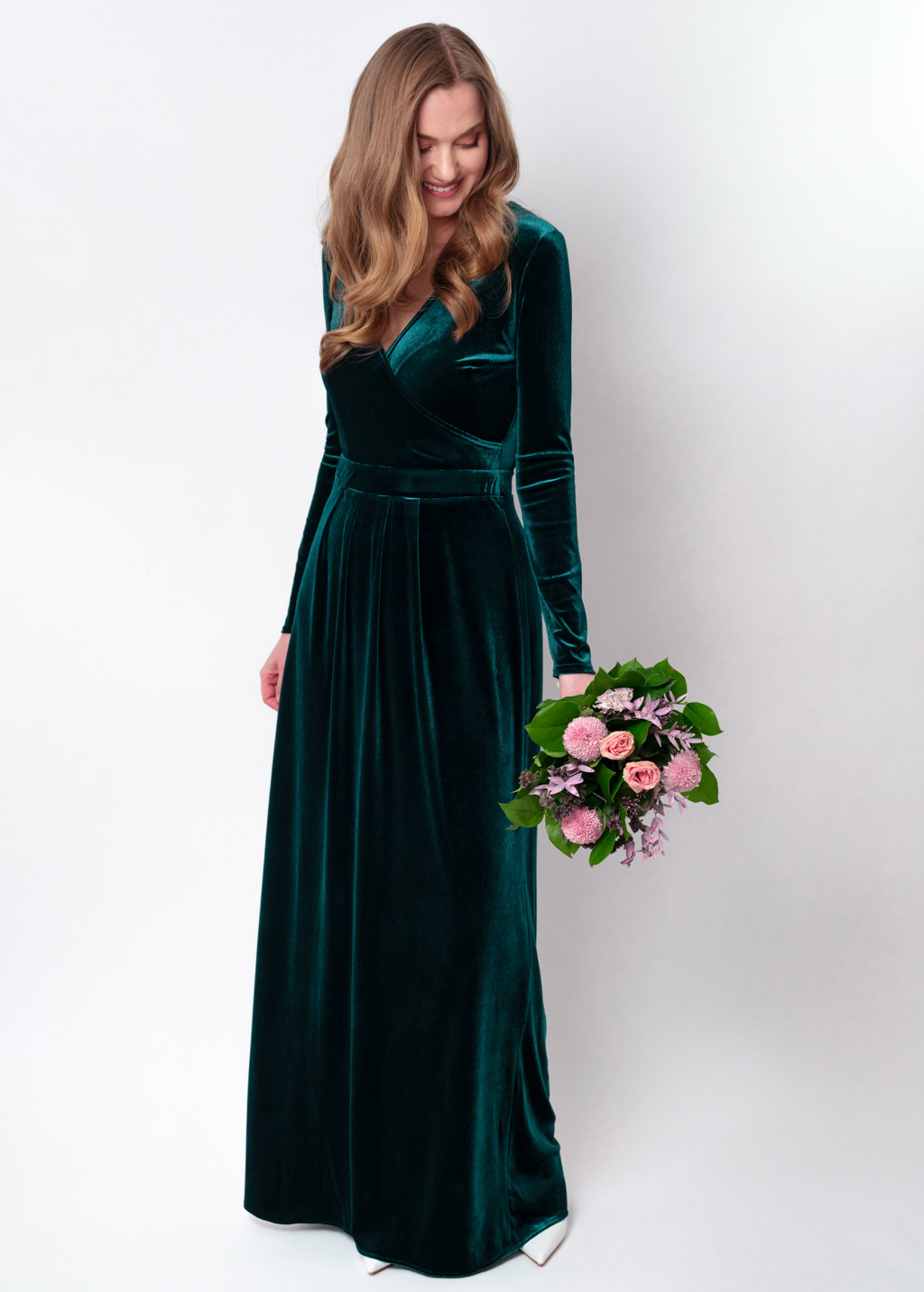 Teal green velvet wrap long dress