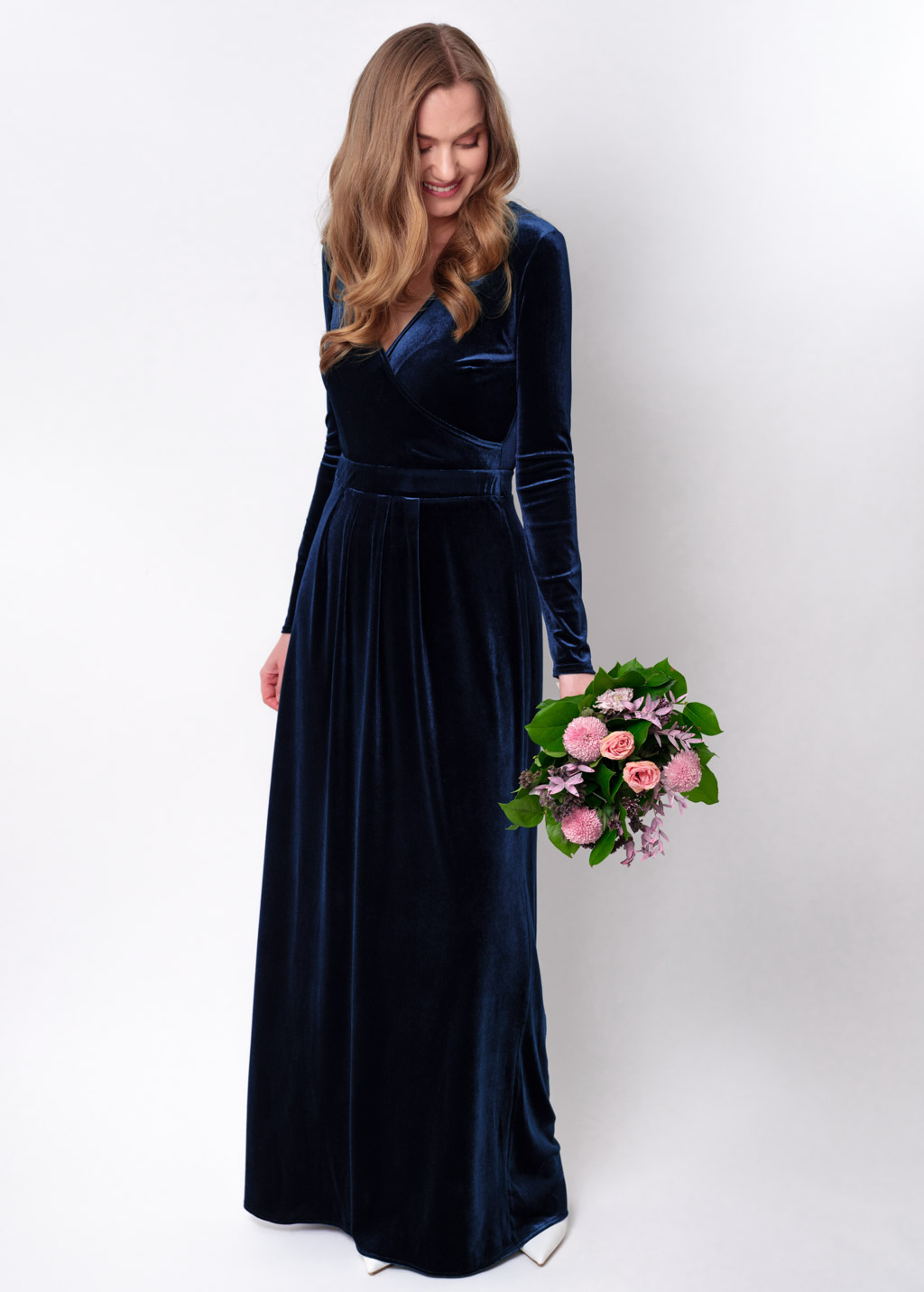 Navy blue velvet wrap long dress