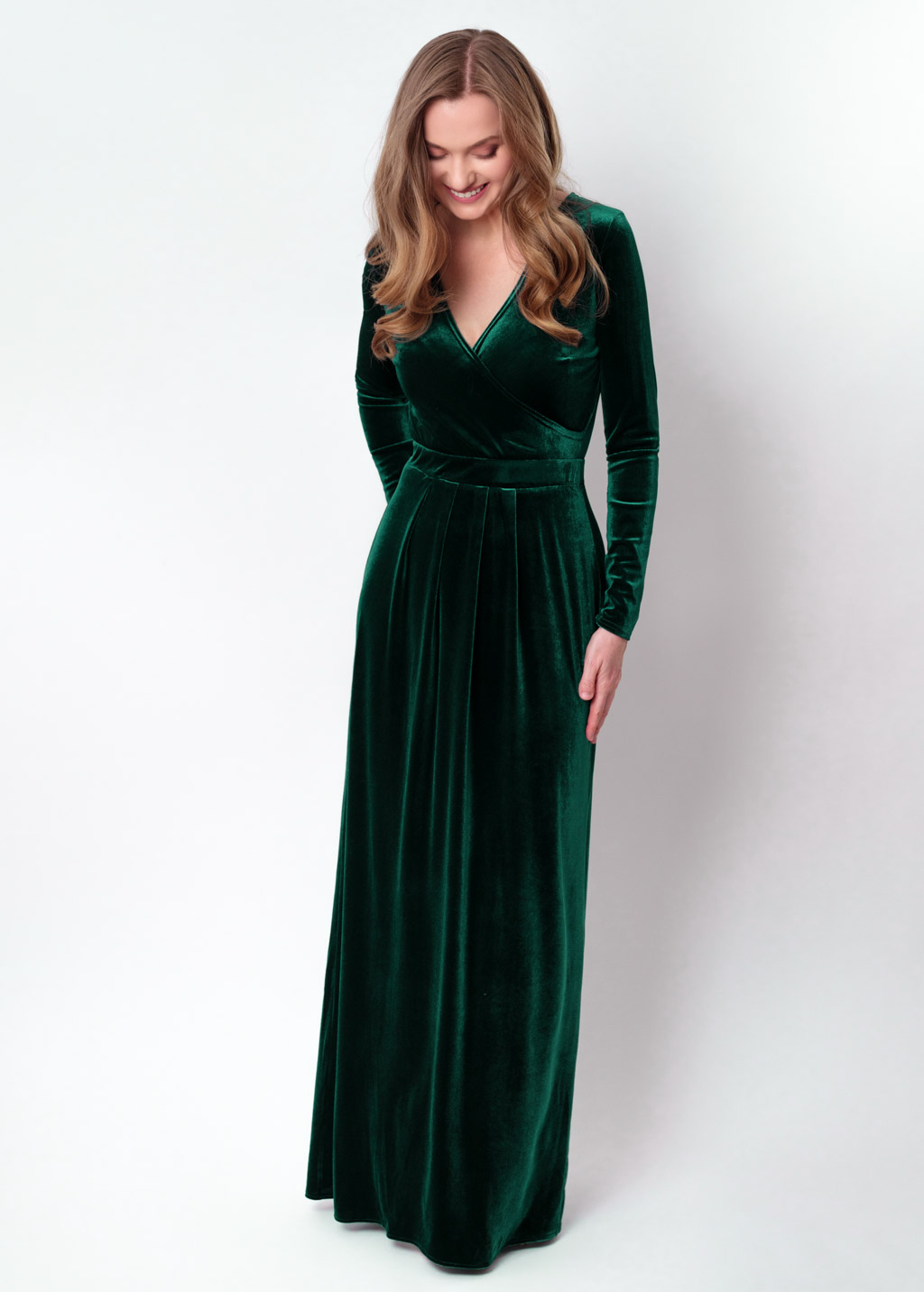 Emerald green velvet wrap long dress