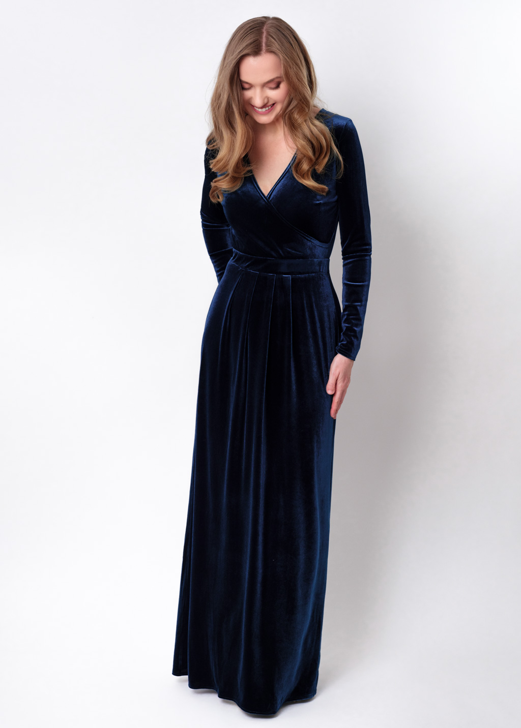 Navy blue velvet wrap long dress